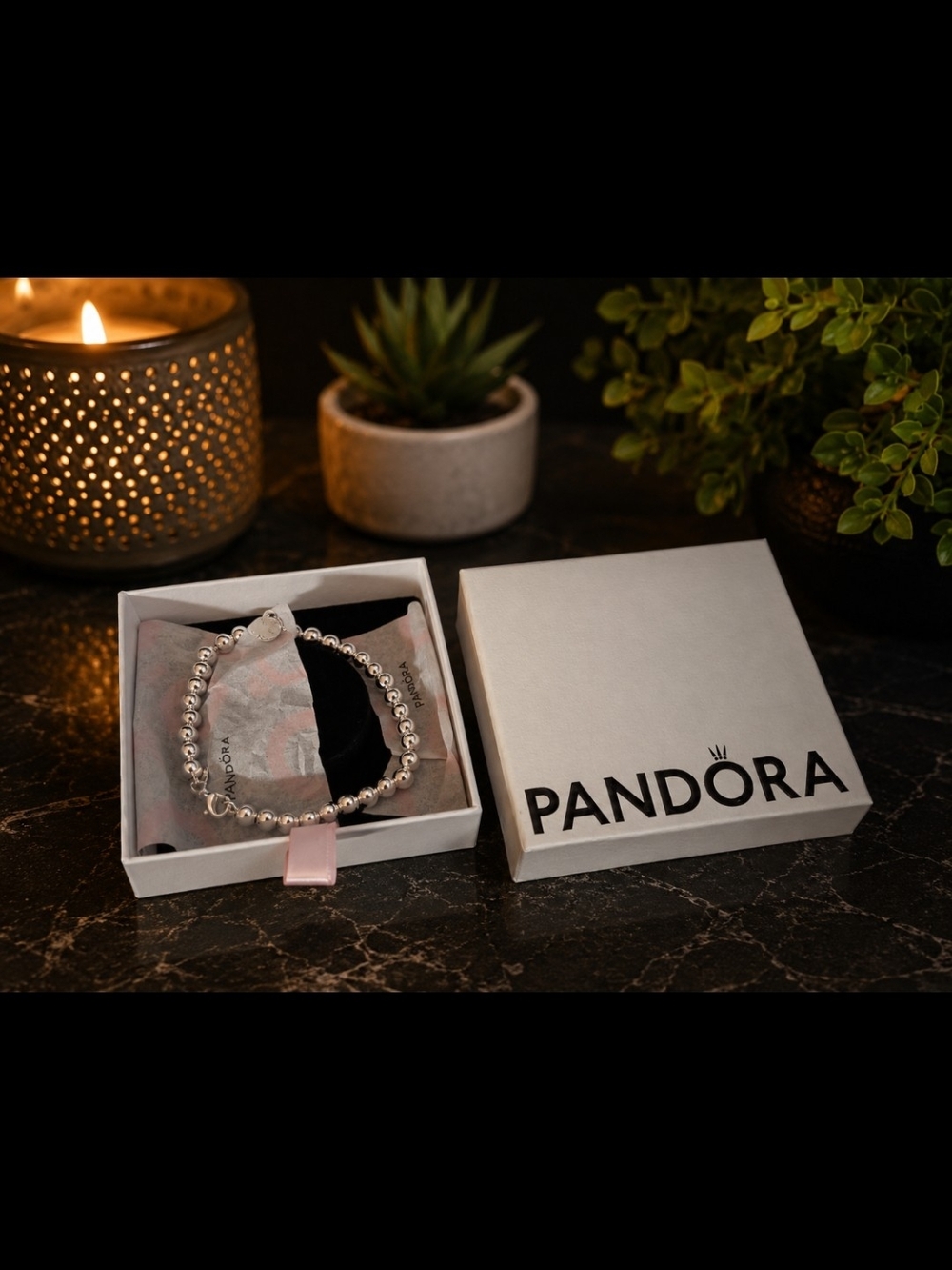 Pandora Silver Beaded Bracelet with Pink Pull Tab